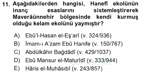 İslam Mezhepleri Tarihi 2017 - 2018 Ara Sınavı 11.Soru