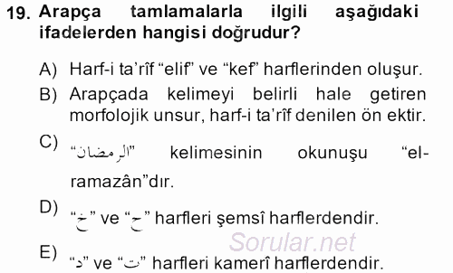 Osmanlı Türkçesi Grameri 1 2013 - 2014 Dönem Sonu Sınavı 19.Soru