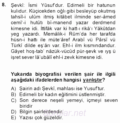 Eski Türk Edebiyatının Kaynaklarından Şair Tezkireleri 2014 - 2015 Ara Sınavı 8.Soru