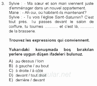 Fransızca 2 2012 - 2013 Tek Ders Sınavı 3.Soru