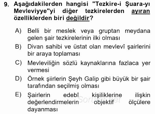 Eski Türk Edebiyatının Kaynaklarından Şair Tezkireleri 2015 - 2016 Dönem Sonu Sınavı 9.Soru