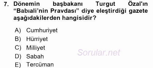 Türk Basın Tarihi 2015 - 2016 Tek Ders Sınavı 7.Soru