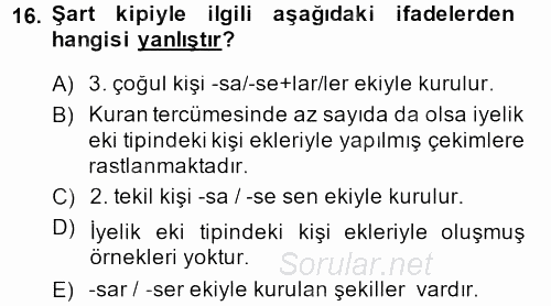 XI-XIII. Yüzyıllar Türk Dili 2013 - 2014 Ara Sınavı 16.Soru
