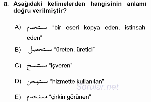 Osmanlı Türkçesi Grameri 1 2015 - 2016 Dönem Sonu Sınavı 8.Soru