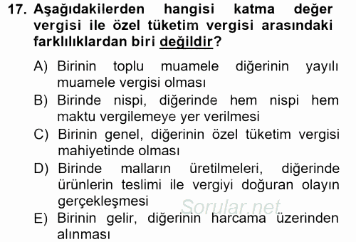 Türk Vergi Sistemi 2014 - 2015 Tek Ders Sınavı 17.Soru