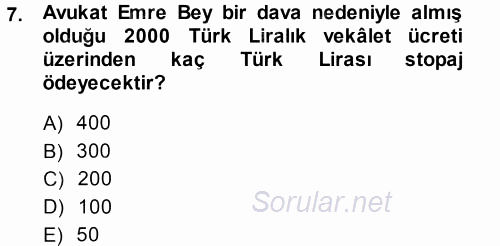 Türk Vergi Sistemi 2014 - 2015 Tek Ders Sınavı 7.Soru