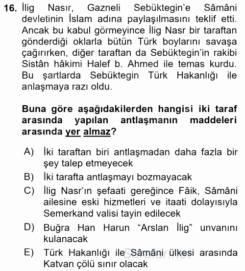 İlk Müslüman Türk Devletleri 2016 - 2017 Ara Sınavı 16.Soru