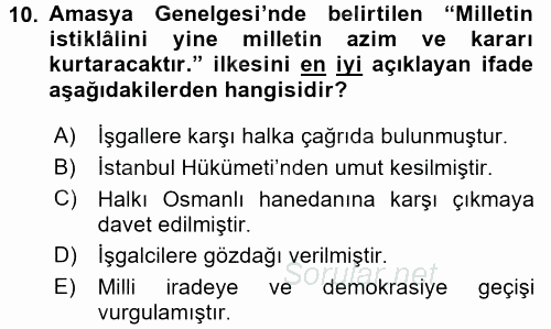 Atatürk İlkeleri Ve İnkılap Tarihi 1 2015 - 2016 Tek Ders Sınavı 10.Soru