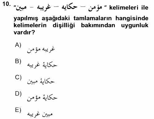 Osmanlı Türkçesi Grameri 2 2015 - 2016 Ara Sınavı 10.Soru