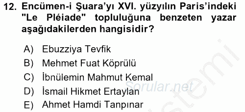 XIX. Yüzyıl Türk Edebiyatı 2016 - 2017 Ara Sınavı 12.Soru