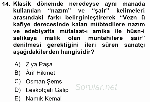 XIX. Yüzyıl Türk Edebiyatı 2016 - 2017 Ara Sınavı 14.Soru