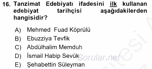 XIX. Yüzyıl Türk Edebiyatı 2016 - 2017 Ara Sınavı 16.Soru