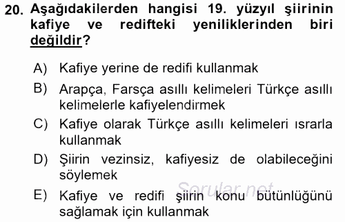 XIX. Yüzyıl Türk Edebiyatı 2016 - 2017 Ara Sınavı 20.Soru