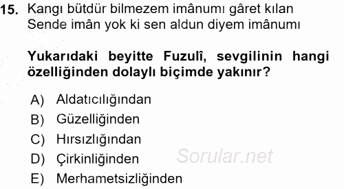 XVI. Yüzyıl Türk Edebiyatı 2015 - 2016 Ara Sınavı 15.Soru