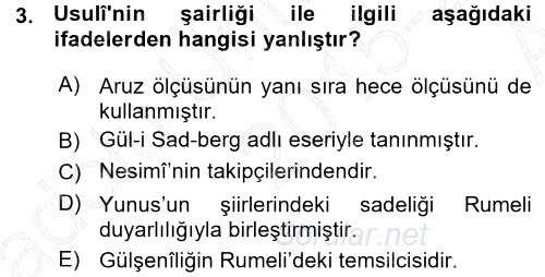 XVI. Yüzyıl Türk Edebiyatı 2015 - 2016 Ara Sınavı 3.Soru