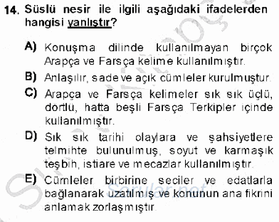 XVI-XIX. Yüzyıllar Türk Dili 2013 - 2014 Ara Sınavı 14.Soru