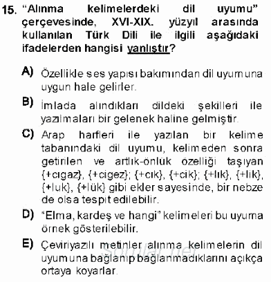 XVI-XIX. Yüzyıllar Türk Dili 2013 - 2014 Ara Sınavı 15.Soru