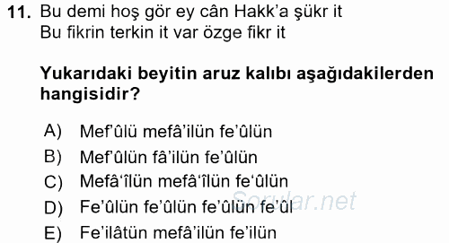 XVI. Yüzyıl Türk Edebiyatı 2017 - 2018 Ara Sınavı 11.Soru