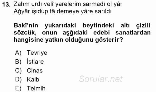 XVI. Yüzyıl Türk Edebiyatı 2017 - 2018 Ara Sınavı 13.Soru