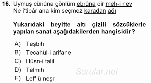 XVI. Yüzyıl Türk Edebiyatı 2017 - 2018 Ara Sınavı 16.Soru