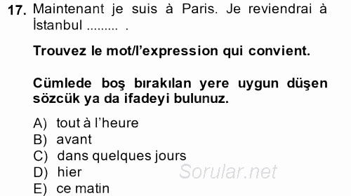Fransızca 2 2013 - 2014 Ara Sınavı 17.Soru