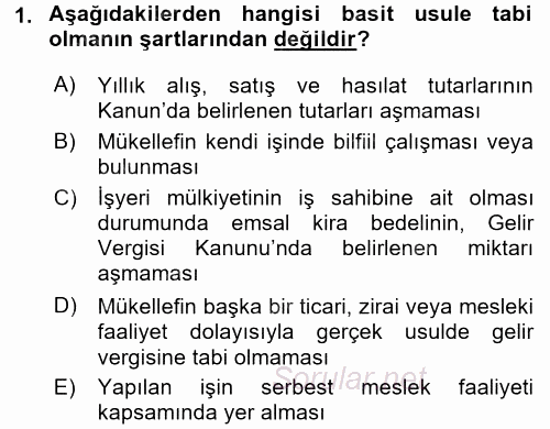 Türk Vergi Sistemi 2017 - 2018 Dönem Sonu Sınavı 1.Soru