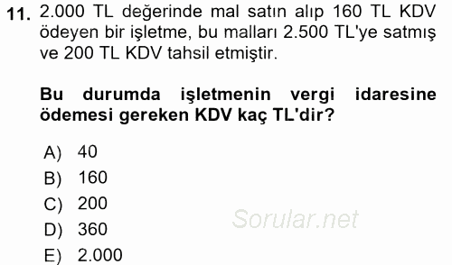 Türk Vergi Sistemi 2017 - 2018 Dönem Sonu Sınavı 11.Soru