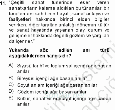Cumhuriyet Dönemi Türk Nesri 2013 - 2014 Tek Ders Sınavı 11.Soru