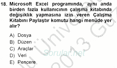 Bilgisayar 1 2012 - 2013 Ara Sınavı 18.Soru