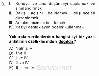 Türkçe Sözlü Anlatım 2013 - 2014 Ara Sınavı 9.Soru