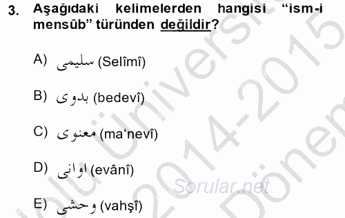 Osmanlı Türkçesi 2 2014 - 2015 Dönem Sonu Sınavı 3.Soru