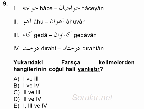 Osmanlı Türkçesi 2 2014 - 2015 Dönem Sonu Sınavı 9.Soru