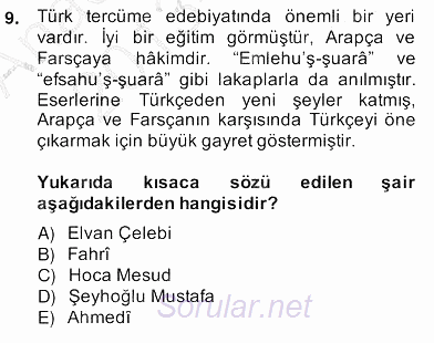 XIV-XV. Yüzyıllar Türk Edebiyatı 2013 - 2014 Ara Sınavı 9.Soru