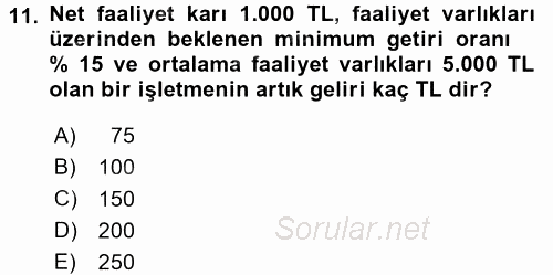 Maliyet Yönetimi 2015 - 2016 Dönem Sonu Sınavı 11.Soru