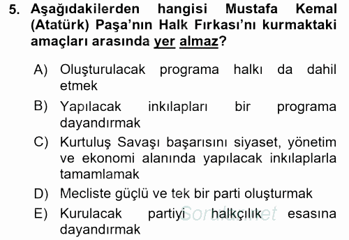 Atatürk İlkeleri Ve İnkılap Tarihi 1 2017 - 2018 3 Ders Sınavı 5.Soru