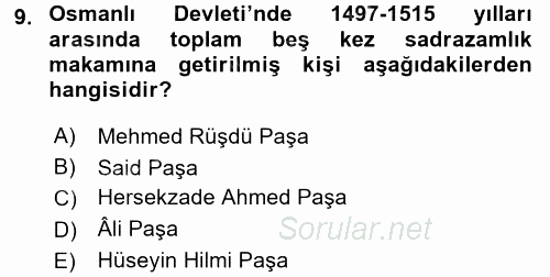 Osmanlı Tarihi (1299-1566) 2016 - 2017 Dönem Sonu Sınavı 9.Soru