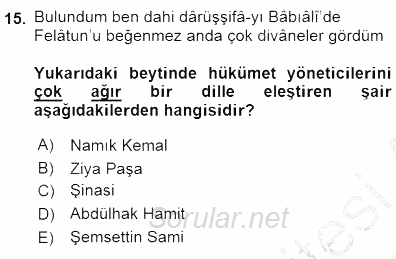 Yeni Türk Edebiyatına Giriş 1 2015 - 2016 Dönem Sonu Sınavı 15.Soru