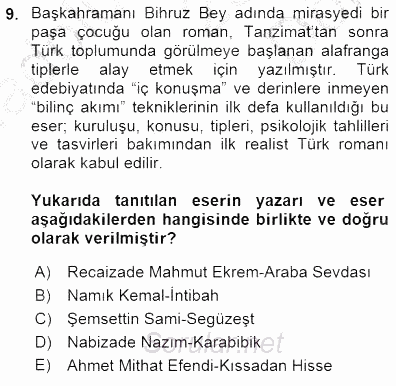 Yeni Türk Edebiyatına Giriş 1 2015 - 2016 Dönem Sonu Sınavı 9.Soru