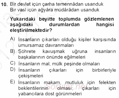 XVII. Yüzyıl Türk Edebiyatı 2012 - 2013 Dönem Sonu Sınavı 10.Soru