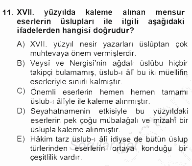 XVII. Yüzyıl Türk Edebiyatı 2012 - 2013 Dönem Sonu Sınavı 11.Soru