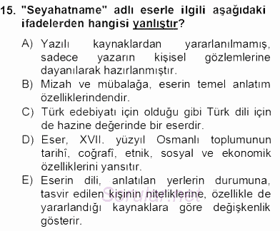 XVII. Yüzyıl Türk Edebiyatı 2012 - 2013 Dönem Sonu Sınavı 15.Soru