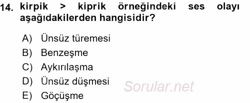 Türk Dili 1 2015 - 2016 Ara Sınavı 14.Soru