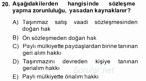 Medeni Hukuk 2 2014 - 2015 Ara Sınavı 20.Soru