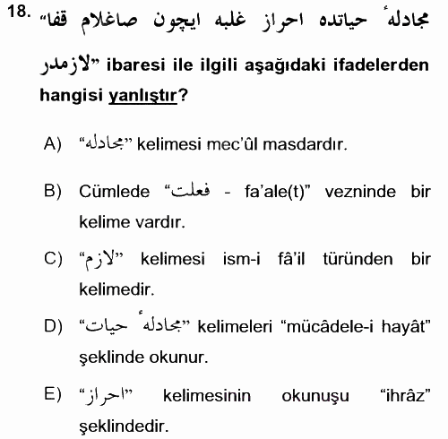Osmanlı Türkçesi Grameri 1 2016 - 2017 Ara Sınavı 18.Soru