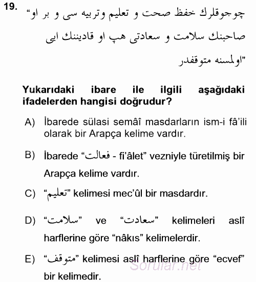 Osmanlı Türkçesi Grameri 1 2016 - 2017 Ara Sınavı 19.Soru