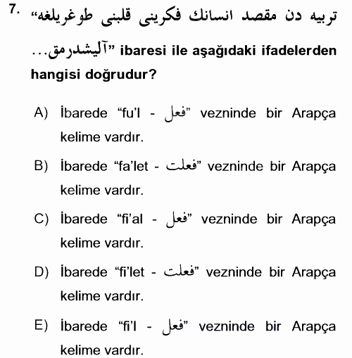 Osmanlı Türkçesi Grameri 1 2016 - 2017 Ara Sınavı 7.Soru