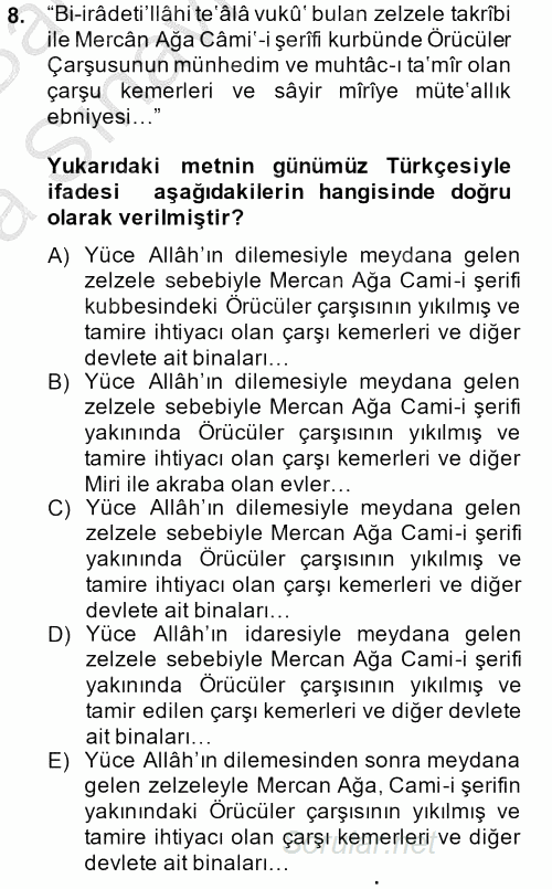 Osmanlı Türkçesi Metinleri 2 2014 - 2015 Ara Sınavı 8.Soru