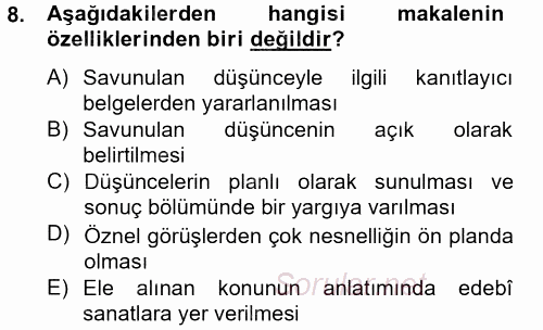 Türk Dili 2 2014 - 2015 Tek Ders Sınavı 8.Soru