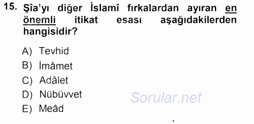 İslam Mezhepleri Tarihi 2012 - 2013 Ara Sınavı 15.Soru