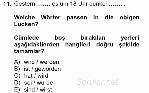 Almanca 2 2014 - 2015 Tek Ders Sınavı 11.Soru